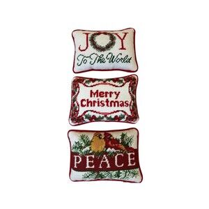 Set of 3 Needlepoint Christmas-Themed Holiday Mini Pillows 6" x 9" x 3" EUC